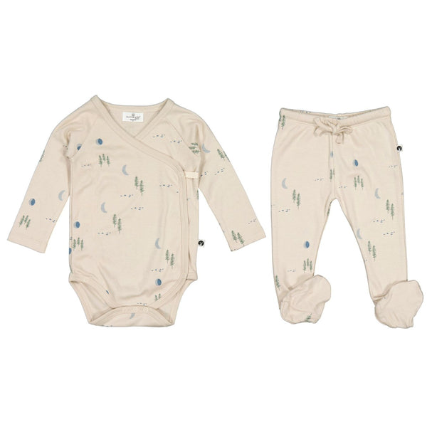 Burrow & Be Rib Kimono Bodysuit + Footed Pants Set - Midnight Forest