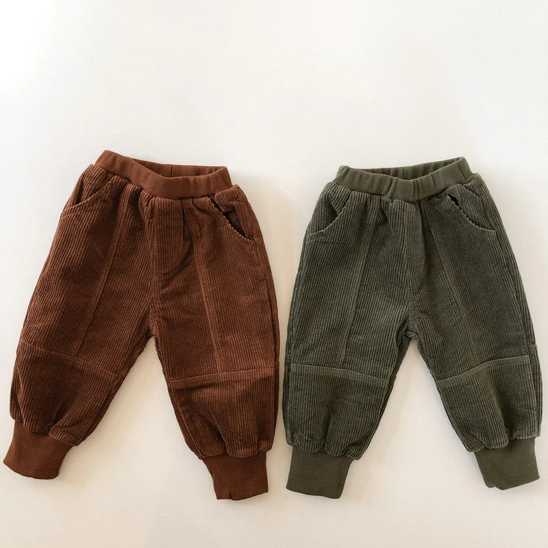 Little Clothing Co. Panelled Corduroy Pants with Ribbed Cuffs - Dark Olive