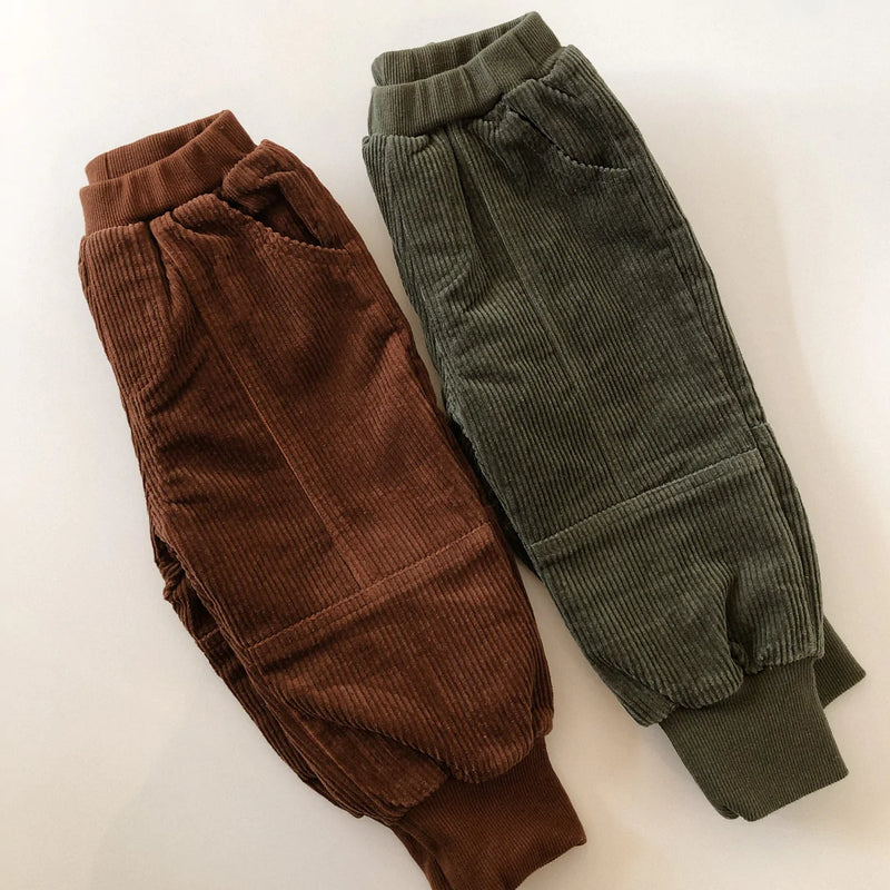 Little Clothing Co. Panelled Corduroy Pants with Ribbed Cuffs - Dark Olive