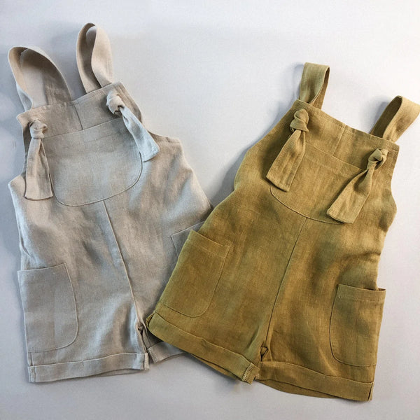 Little Clothing Co. Summertime Tie Straps Linen Short Overalls - Mustard or Natural