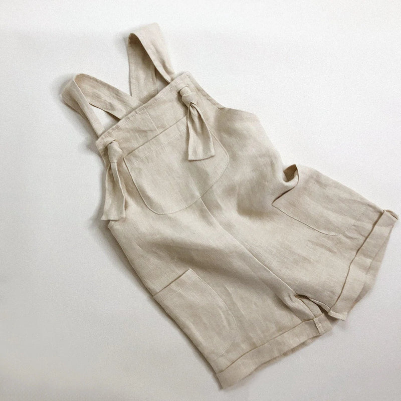 Little Clothing Co. Summertime Tie Straps Linen Short Overalls - Mustard or Natural