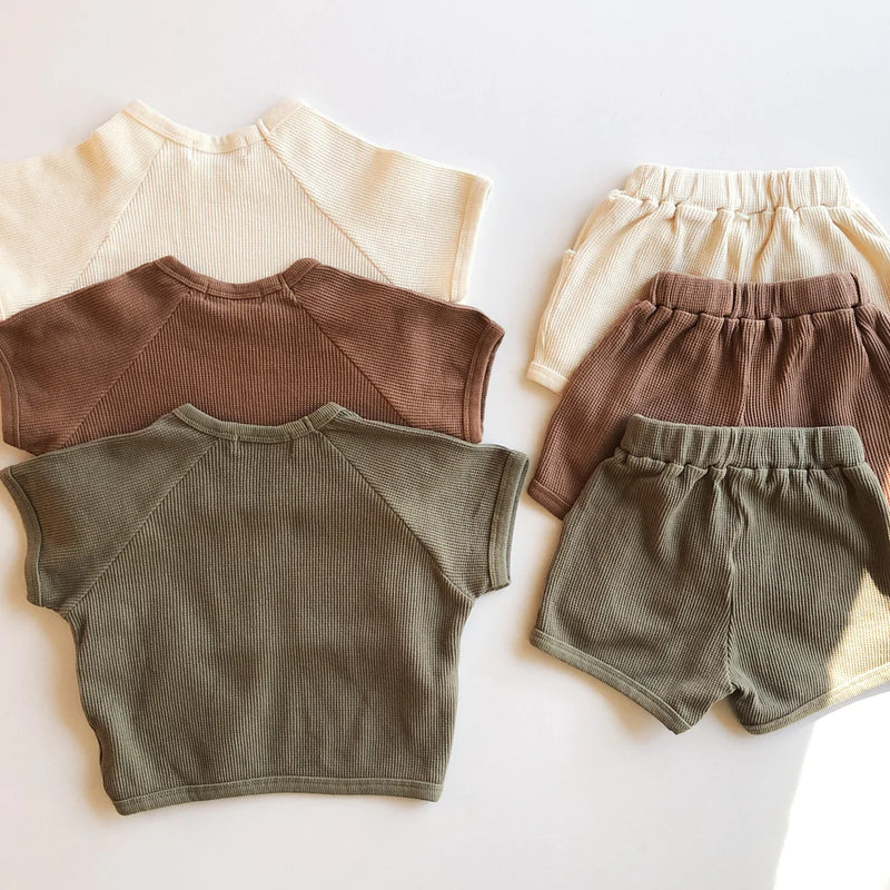 Little Clothing Co. Waffle Top & Shorts Set - Olive, Coffee or Off White