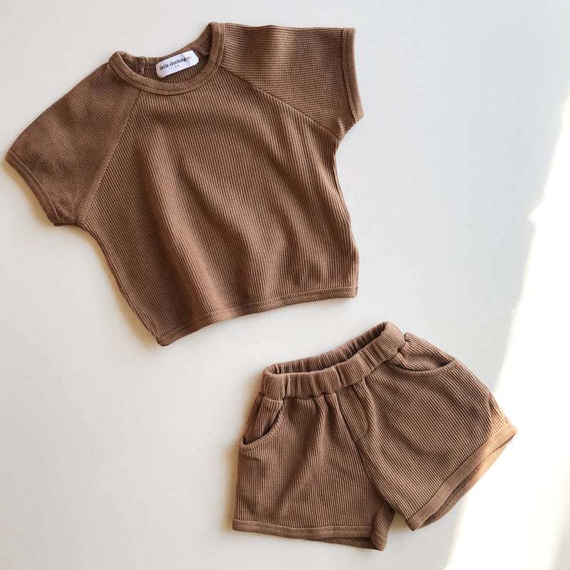 Little Clothing Co. Waffle Top & Shorts Set - Olive, Coffee or Off White
